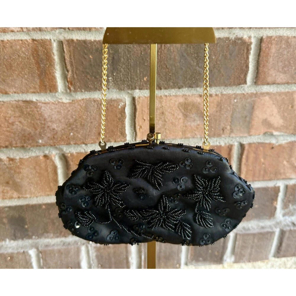 Vintage Black Beaded Purse Floral Beads Sequins Evening Bag Clutch Gold Chain